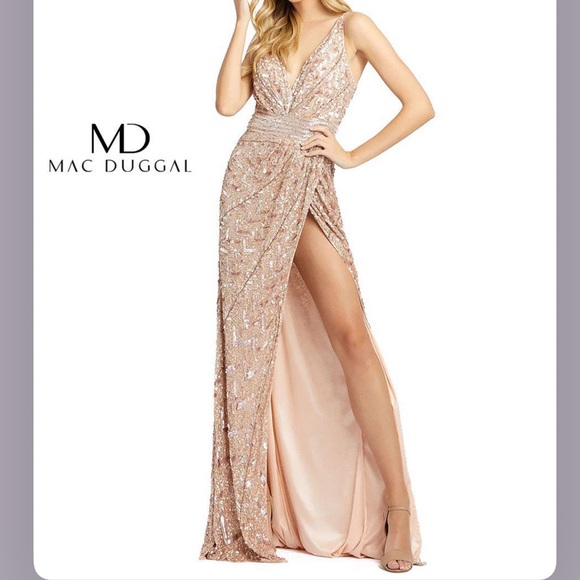 Mac Duggal Embellished V-Neck Gown With High Slit - Rose Gold